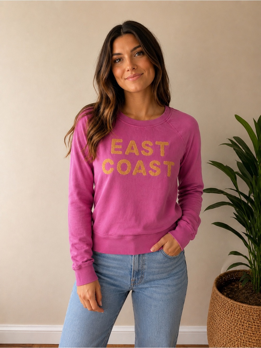 Pink with Orange “East Coast” Chenille Letters Crewneck Sweatshirt | Size S/M - Picture 3 of 6